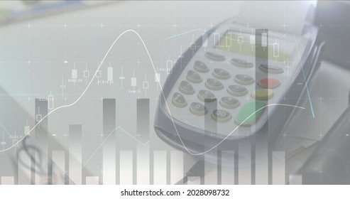 Image of financial data processing over payment terminal. global finances, business and contactless payment concept digitally generated image.
