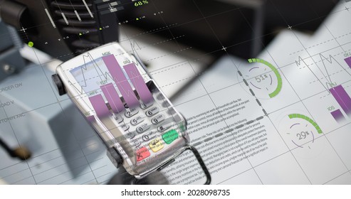 Image of financial data processing over payment terminal. global finances, business and contactless payment concept digitally generated image. - Powered by Shutterstock - Get 15% off with code: PIKWIZARD15