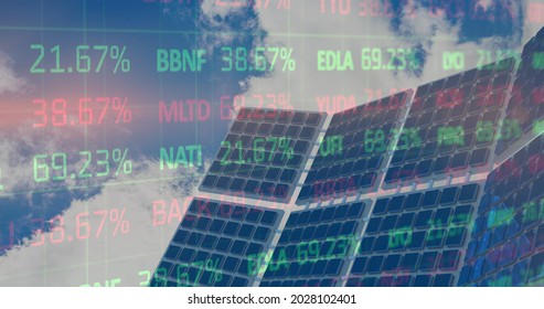 Image of financial data processing over solar panels. global finance, environment and sustainability concept digitally generated image.