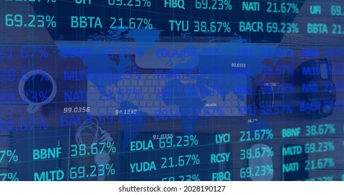 Image of financial data processing over desk with computer. global finance and business concept digitally generated image.