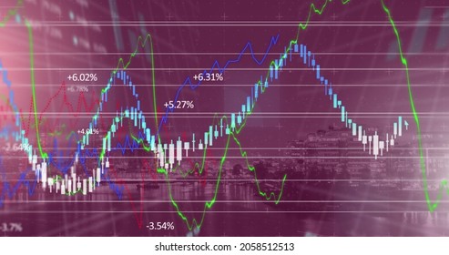 Image of financial data processing over modern cityscape. global finances, business and connections concept digitally generated image.