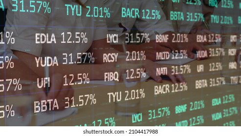 Image of financial data processing over business people in meeting. global business and data processing concept digitally generated image.