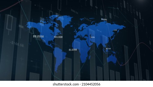 Image of financial data processing over black background. global business, finances, digital interface and connections concept digitally generated image.