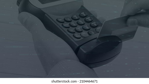 Image of financial data processing over payment terminal. global online shopping, business, finances, data processing and digital interface concept digitally generated image.