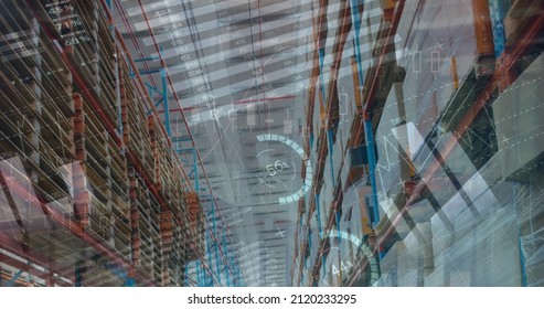Image of financial data processing over warehouse. global business, data processing, digital interface, technology and shipping concept digitally generated image.