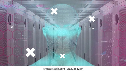 Image of financial data processing over server room. global business, connections, data processing and technology concept digitally generated image.