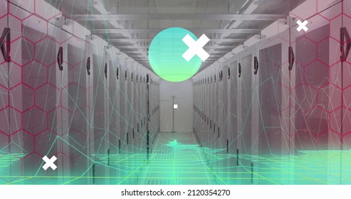Image of financial data processing over server room. global business, connections, data processing and technology concept digitally generated image.