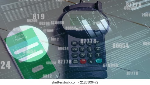 Image of financial data processing over calculator and smartphone. global business, finances and digital interface concept digitally generated image.