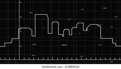 Image of financial data processing over cityscape. global business, finances, connections and digital interface concept digitally generated image.
