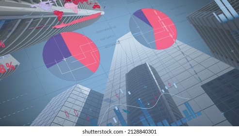 Image of financial data processing over cityscape. global business, finances, connections and digital interface concept digitally generated image.