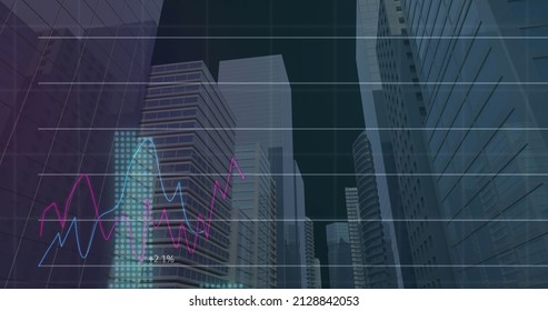 Image of financial data processing over cityscape. global business, finances, connections and digital interface concept digitally generated image.
