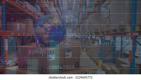 Image of financial data processing over warehouse. global business, finances, technology and connections concept digitally generated image.