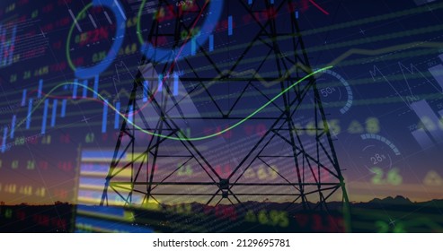 Image of financial data processing over lanscape. global business, finances, technology and connections concept digitally generated image.