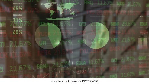 Image of financial data processing over empty warehouse. global shipping, delivery and connections concept digitally generated image.
