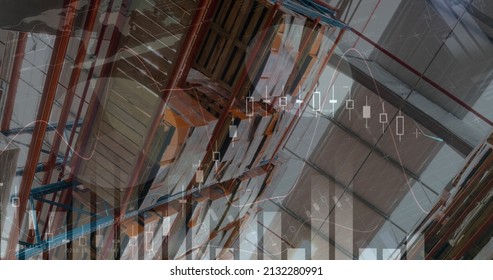 Image of financial data processing over empty warehouse. global shipping, delivery and connections concept digitally generated image.
