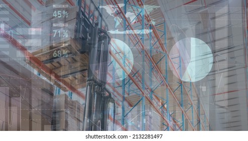 Image of financial data processing over empty warehouse. global shipping, delivery and connections concept digitally generated image.