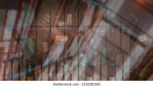 Image of financial data processing over warehouse. global business, delivery, connections and digital interface concept digitally generated image.