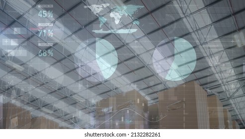 Image of financial data processing over empty warehouse. global shipping, delivery and connections concept digitally generated image.