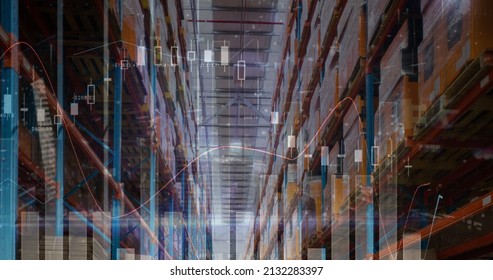 Image of financial data processing over empty warehouse. global shipping, delivery and connections concept digitally generated image.