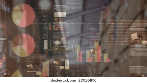 Image Of Financial Data Processing Over Empty Warehouse. Global Shipping, Delivery And Connections Concept Digitally Generated Image.