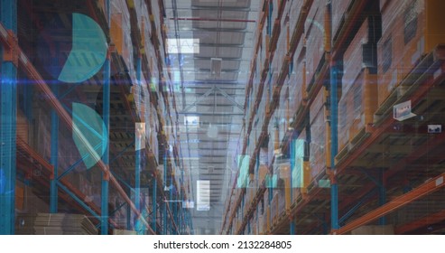 Image Of Financial Data Processing Over Empty Warehouse. Global Shipping, Delivery And Connections Concept Digitally Generated Image.