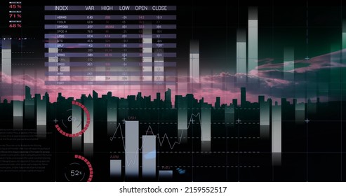 Image of financial data processing over cityscape. global business, finances, connections and digital interface concept digitally generated image.