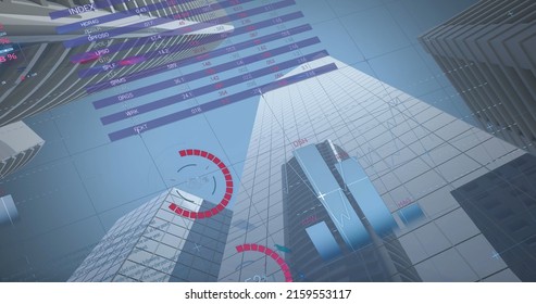 Image of financial data processing over cityscape. global business, finances, connections and digital interface concept digitally generated image.