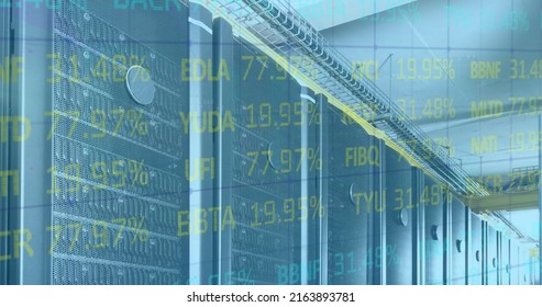 Image of financial data processing over computer servers. global computing, digital interface and data processing concept digitally generated image.