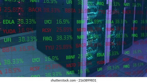 Image of financial data processing over computer servers. global computing, digital interface and data processing concept digitally generated image.