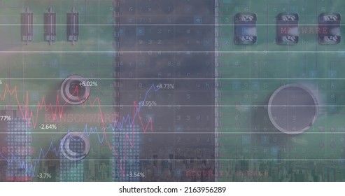 Image of financial data processing over server room. global technology and data processing concept digitally generated image.