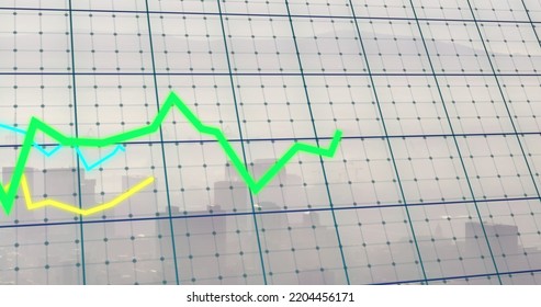 Image of financial data processing over green background. Global business digital interface technology and networking concept digitally generated image.