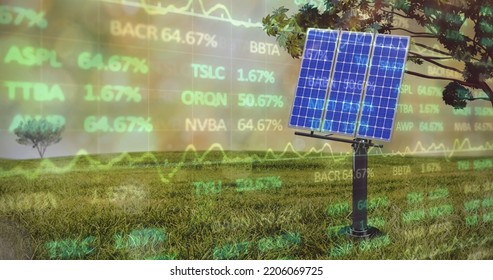 Image of financial data processing over solar panels in green field. Global sustainability, business, green and solar energy concept digitally generated image. - Powered by Shutterstock