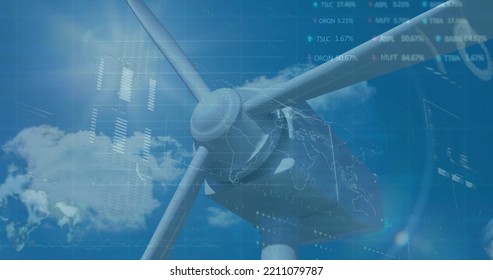Image of financial data processing over wind turbine. Global technology, finances and digital interface concept digitally generated image. - Powered by Shutterstock - Get 15% off with code: PIKWIZARD15