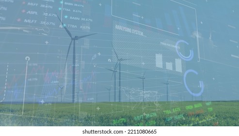 Image of financial data processing over wind turbines. Global technology, finances and digital interface concept digitally generated image.
