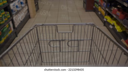 Image of financial data processing over shopping cart. Global shopping, business, finances, data processing and digital interface concept digitally generated image.