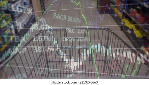 Image of financial data processing over shopping cart. Global shopping, business, finances, data processing and digital interface concept digitally generated image.