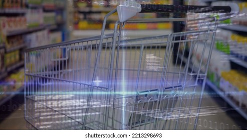 Image of financial data processing over shopping cart. Global shopping, business, finances, data processing and digital interface concept digitally generated image.