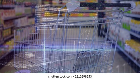 Image of financial data processing over shopping cart. Global shopping, business, finances, data processing and digital interface concept digitally generated image.