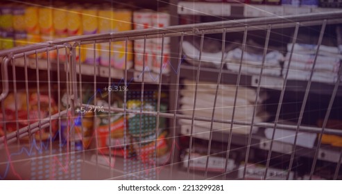 Image of financial data processing over shopping cart. Global shopping, business, finances, data processing and digital interface concept digitally generated image.