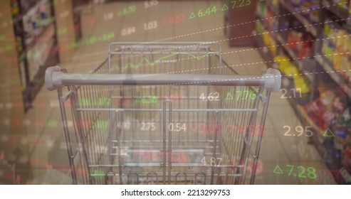 Image of financial data processing over shopping cart. Global shopping, business, finances, data processing and digital interface concept digitally generated image.
