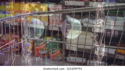 Image of financial data processing over shopping cart. Global shopping, business, finances, data processing and digital interface concept digitally generated image.
