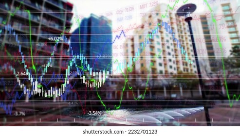 Image of financial data processing over modern buildings in city in the background. Global business finance housing market concept digital composite.