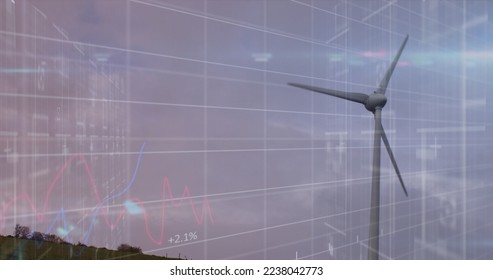 Image of financial data processing over electric windmill. Electricity, energy and power distribution digitally generated image.