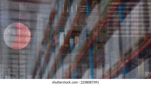Image of financial data processing over empty warehouse. global shipping, delivery and connections concept digitally generated image.