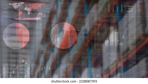 Image of financial data processing over empty warehouse. global shipping, delivery and connections concept digitally generated image.