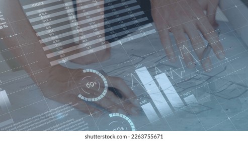 Image of financial data processing over diverse business people in office. global business, finances and digital interface concept digitally generated image.
