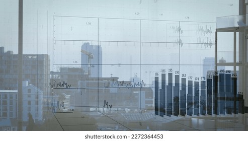 Image of financial data processing over cityscape. Global business, finances and digital interface concept digitally generated image.