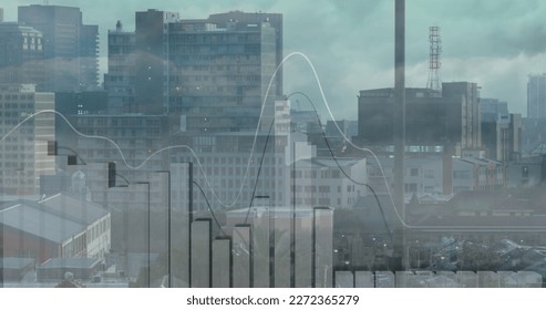 Image of financial data processing over cityscape. Global business, finances and digital interface concept digitally generated image.