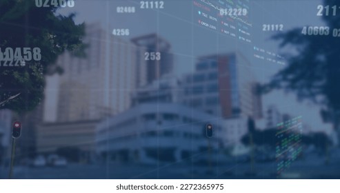 Image of financial data processing over cityscape. Global business, finances and digital interface concept digitally generated image.