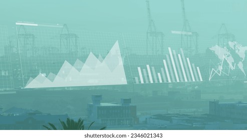 Image of financial data processing over cityscape. Global business, finances and digital interface concept digitally generated image.